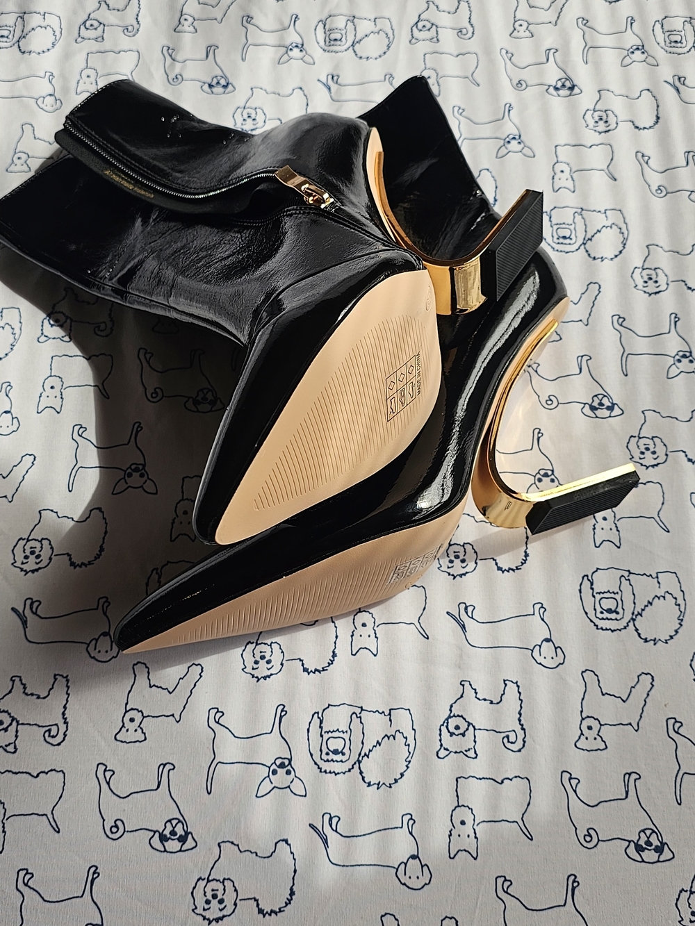 Black Patent Heeled Ankle Boots with Gold Accent Heel